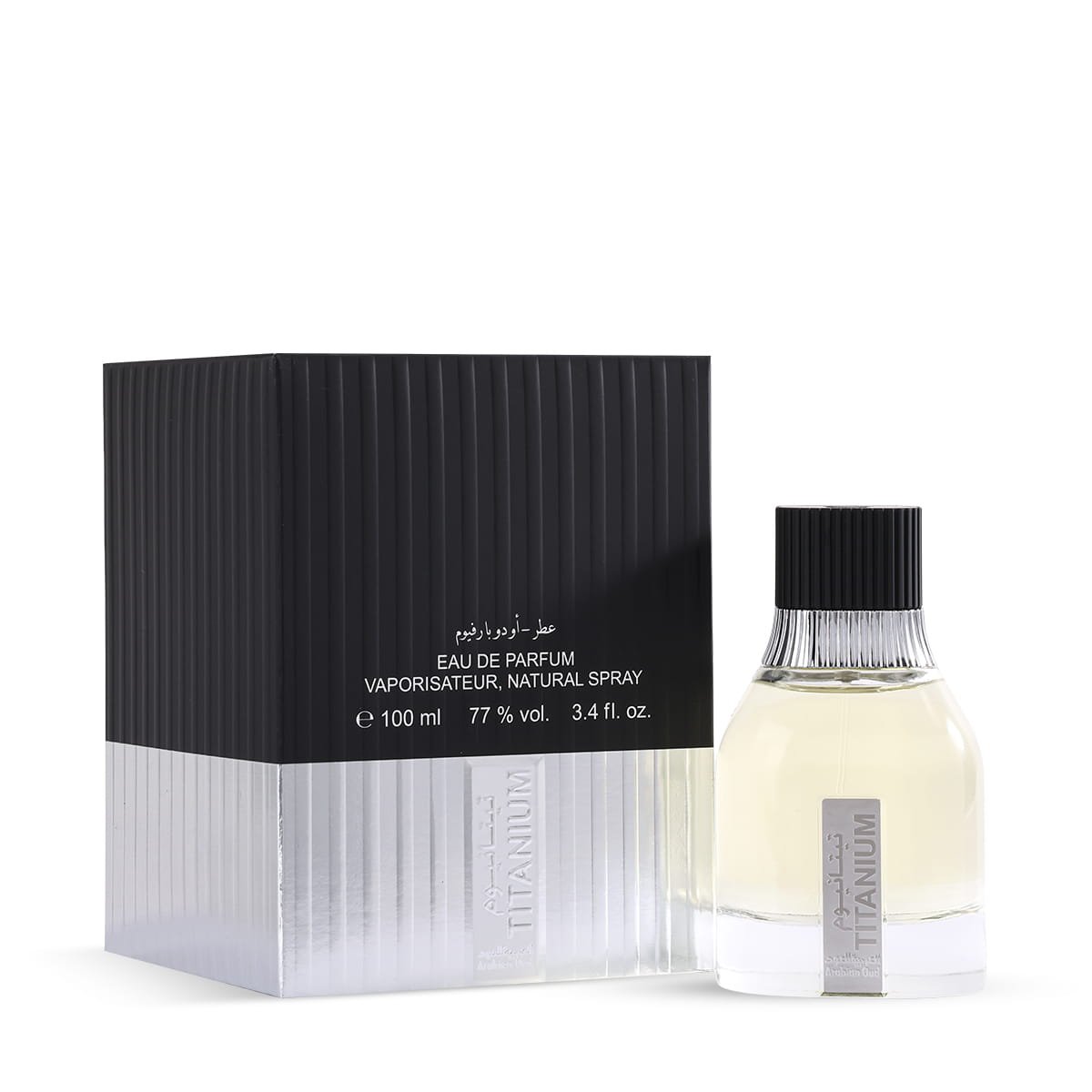 Arabian Oud Titanium Eau De Parfum 100ml beside luxury branded box UK