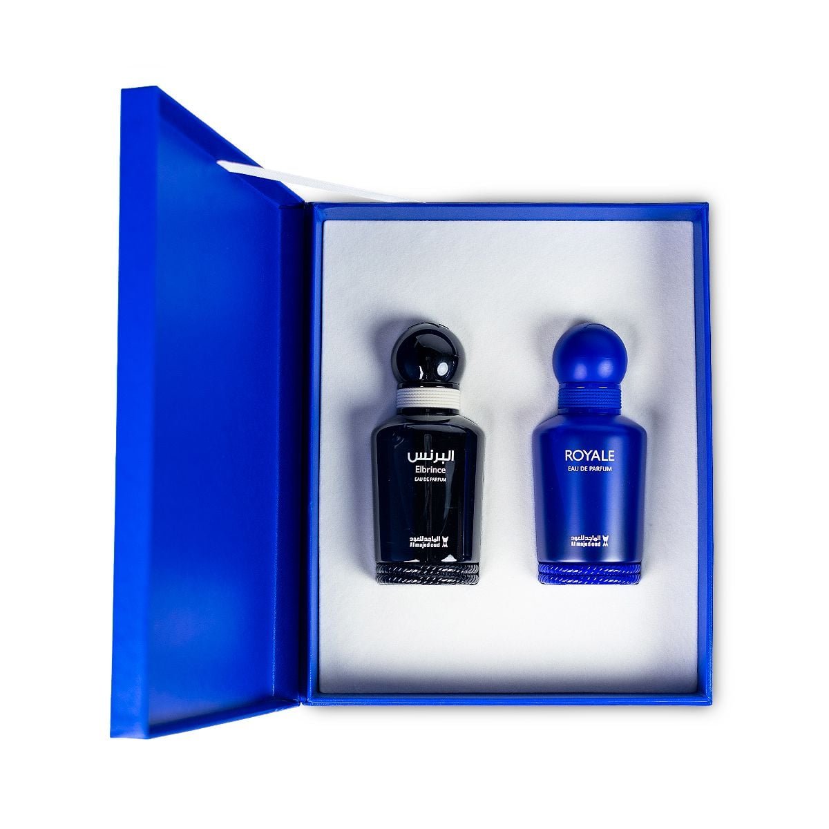 Al Majed Oud Elbrince Classics and Royale gift box set open showing two 100ml perfumes, luxury fragrance set UK
