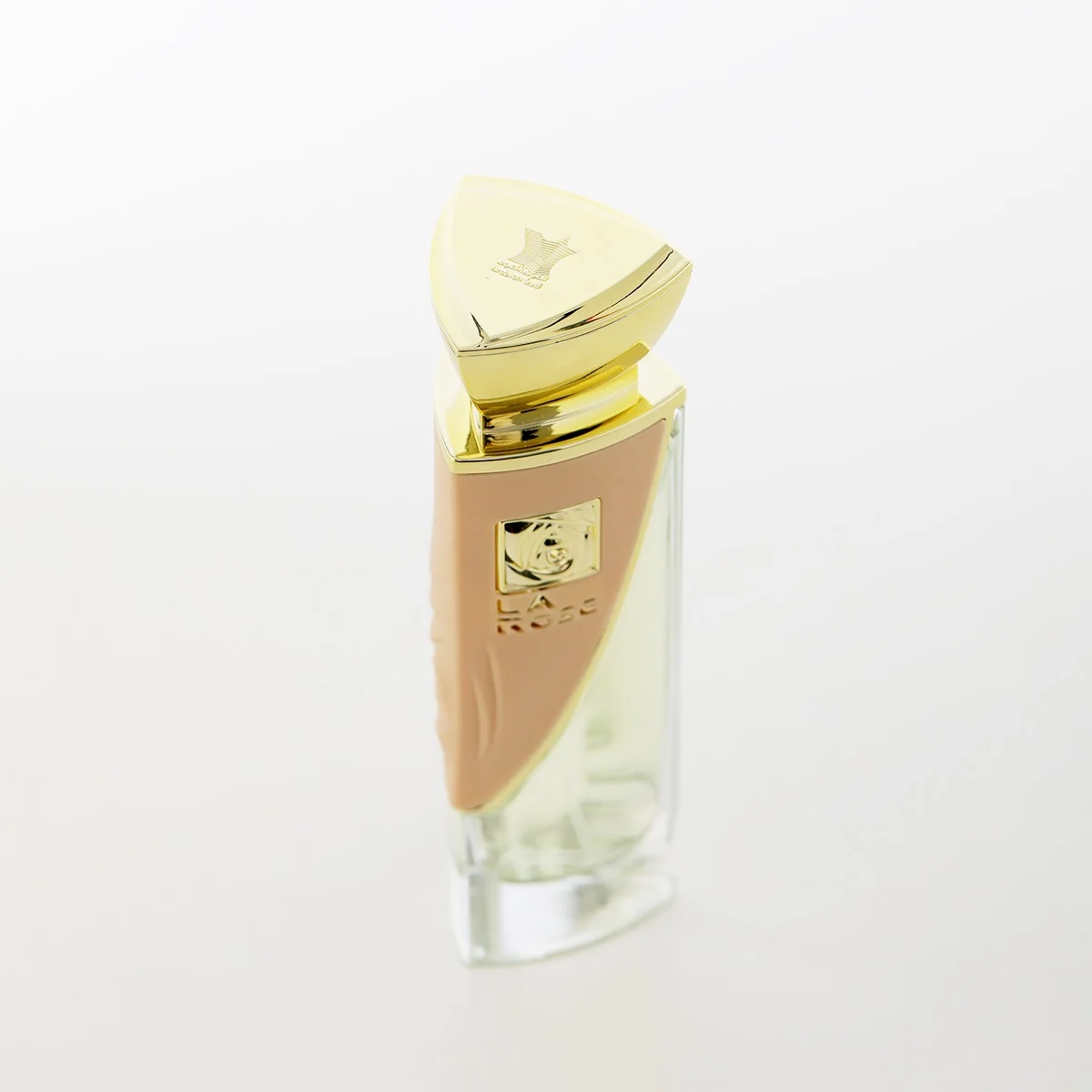 Top view of Arabian Oud LA ROSE perfume on white background, luxury floral scent UK