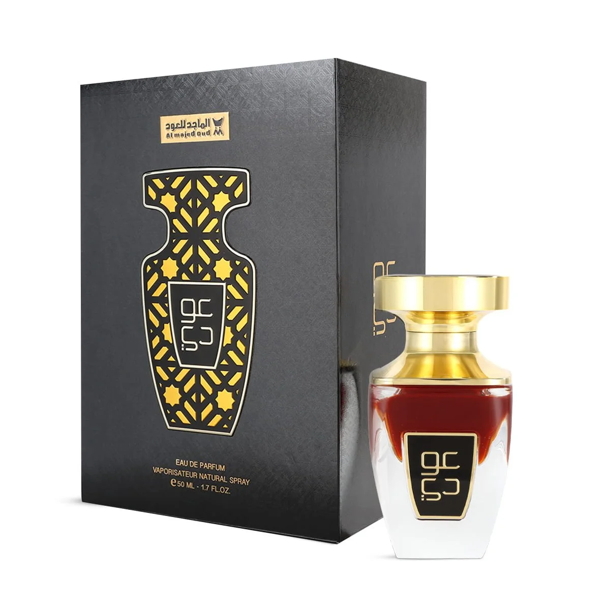 Al Majed Oud Oudiy perfume 50ml next to box, luxury fragrance UK