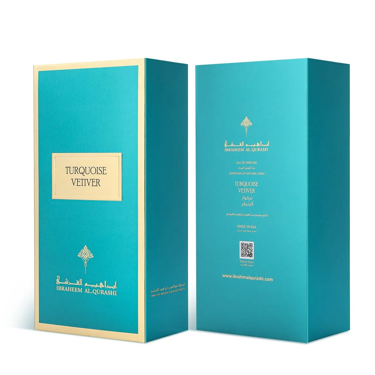 Front and back of IBRAQ Turquoise Vetiver box in one photo, premium packaging UK