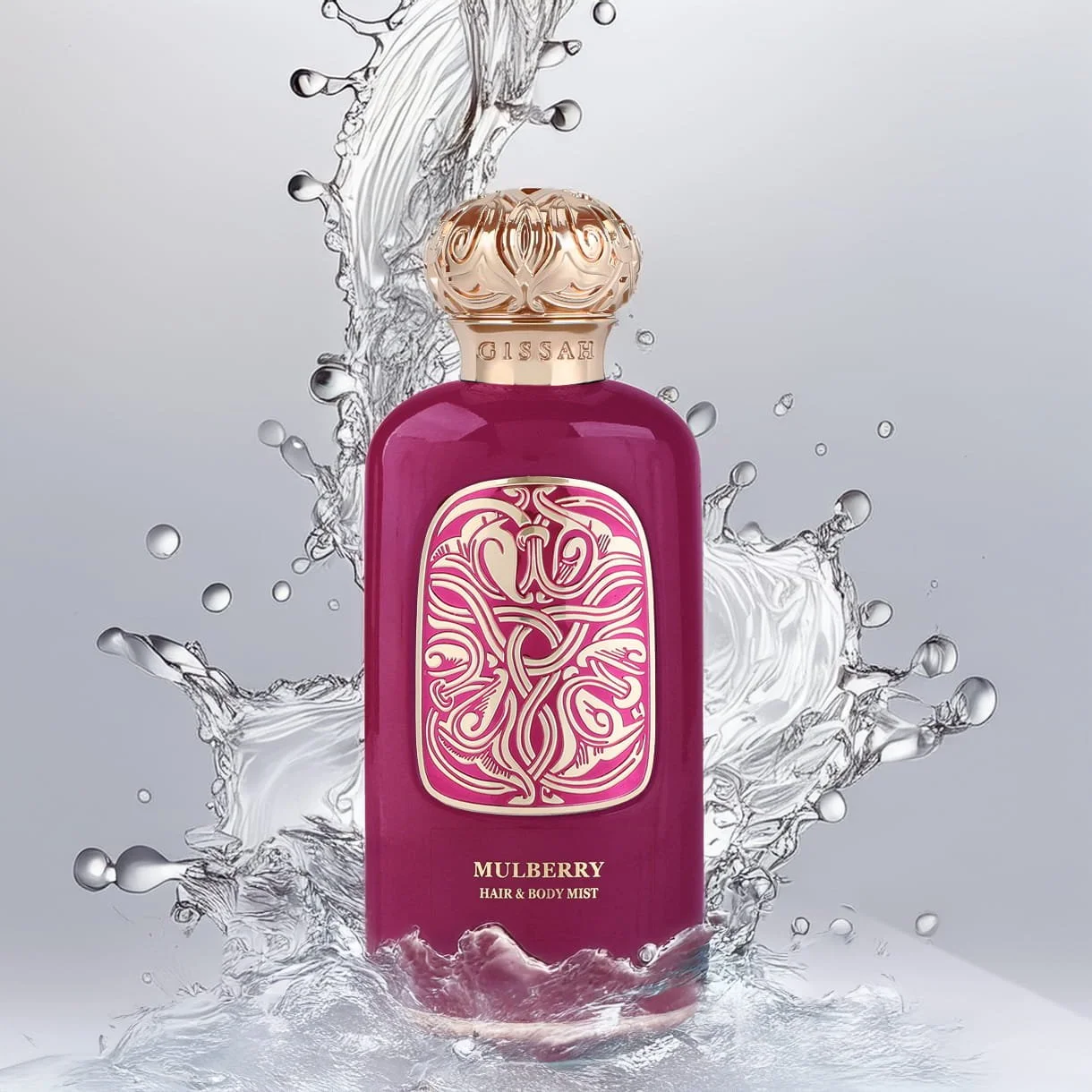 Gissah Mulberry Hair & Body Mist 80ml on water splash backdrop, artistic luxury display for Al Rashid Galleria UK