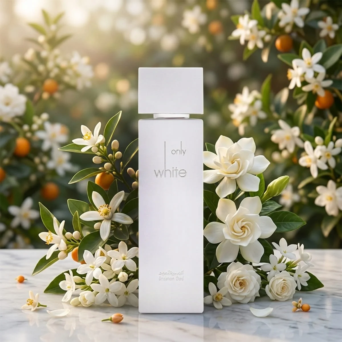 Arabian Oud Only White Eau De Parfum with orange blossom, gardenia and musk luxury fragrance poster UK