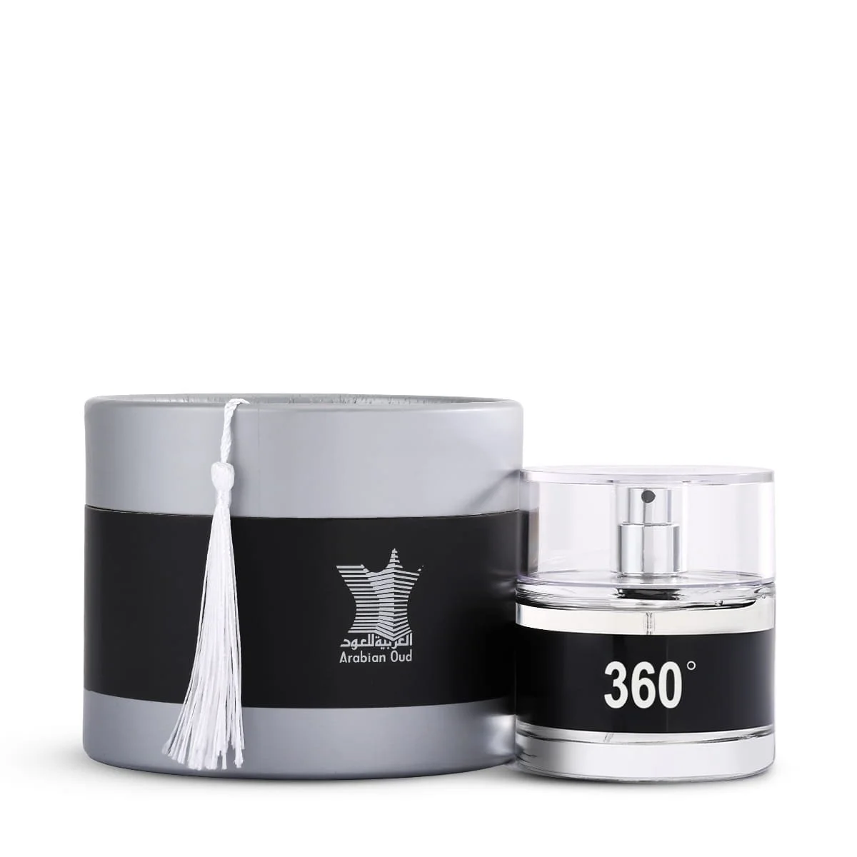 Arabian Oud 360 Black Eau De Parfum 100ml beside luxury branded box UK