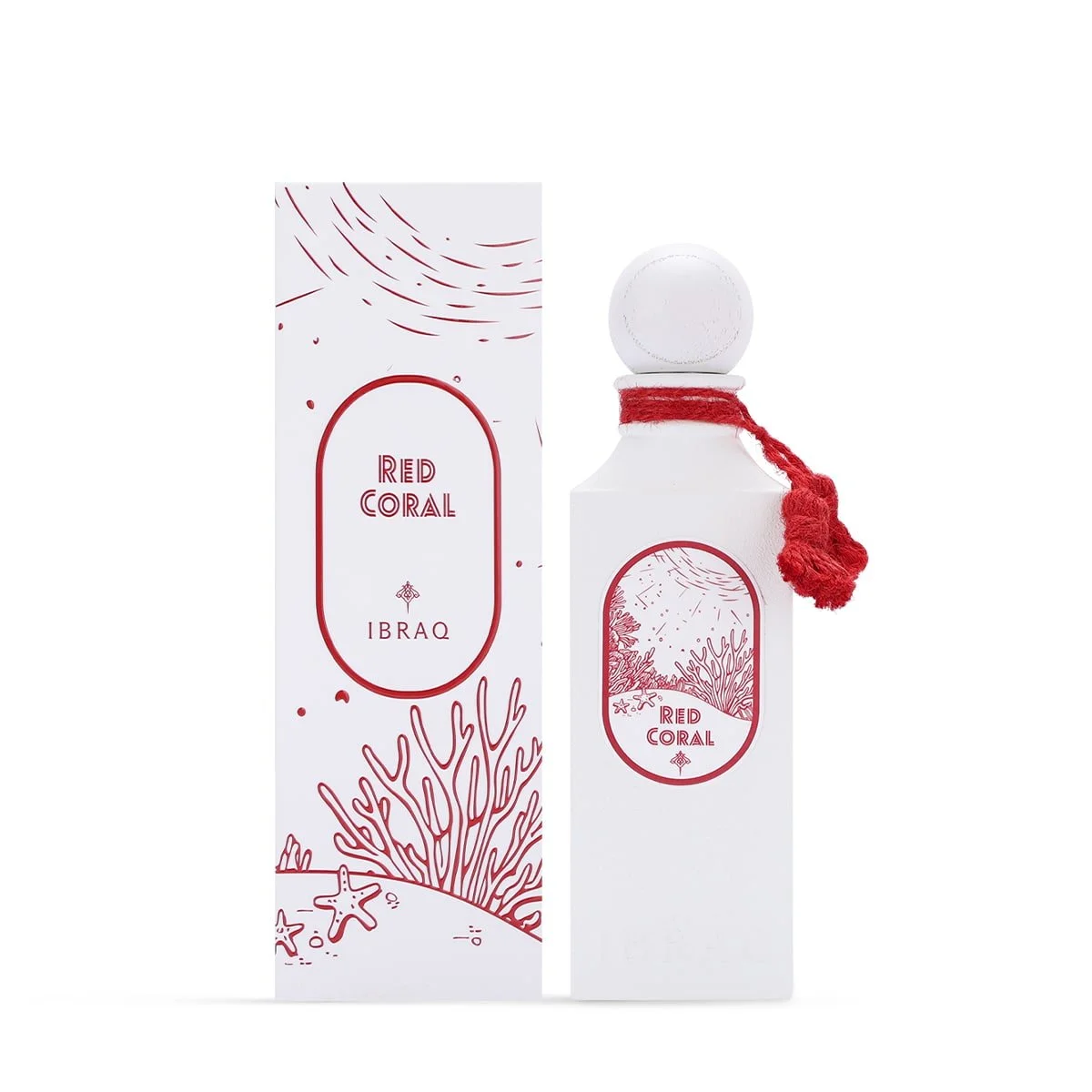 Red Coral by Ibraheem Al Qurashi perfume bottle positioned beside its box, highlighting refined presentation.