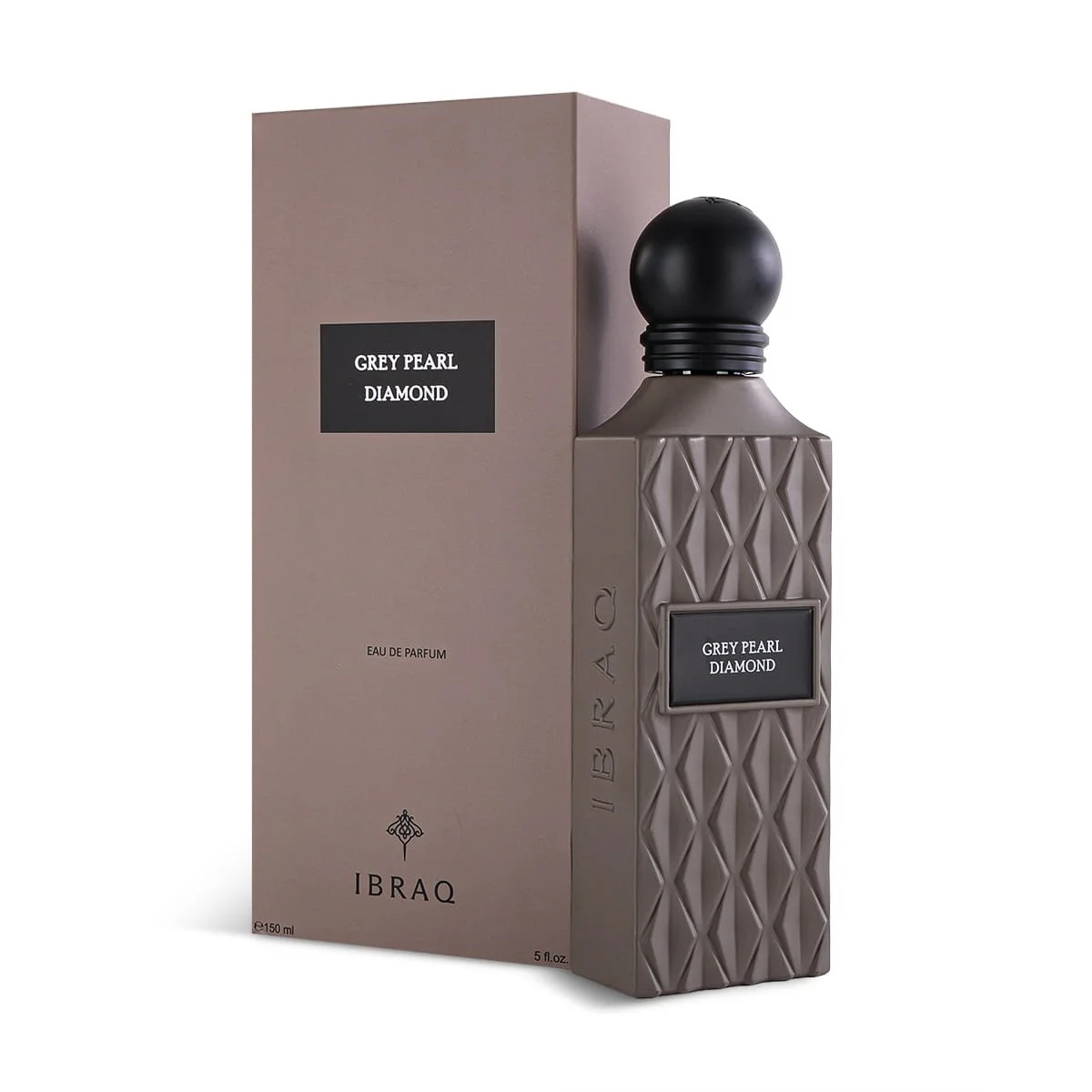 IBRAQ Grey Pearl Diamond perfume 150ml next to box, premium fragrance UK