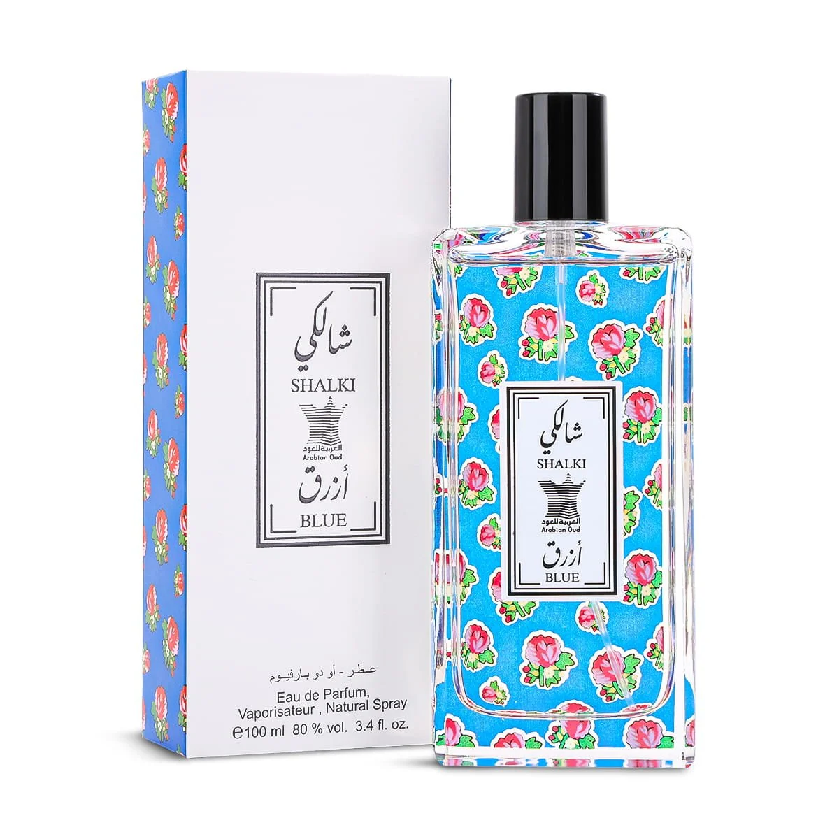 Arabian Oud Shalki Blue Eau De Parfum 100ml beside luxury branded box UK