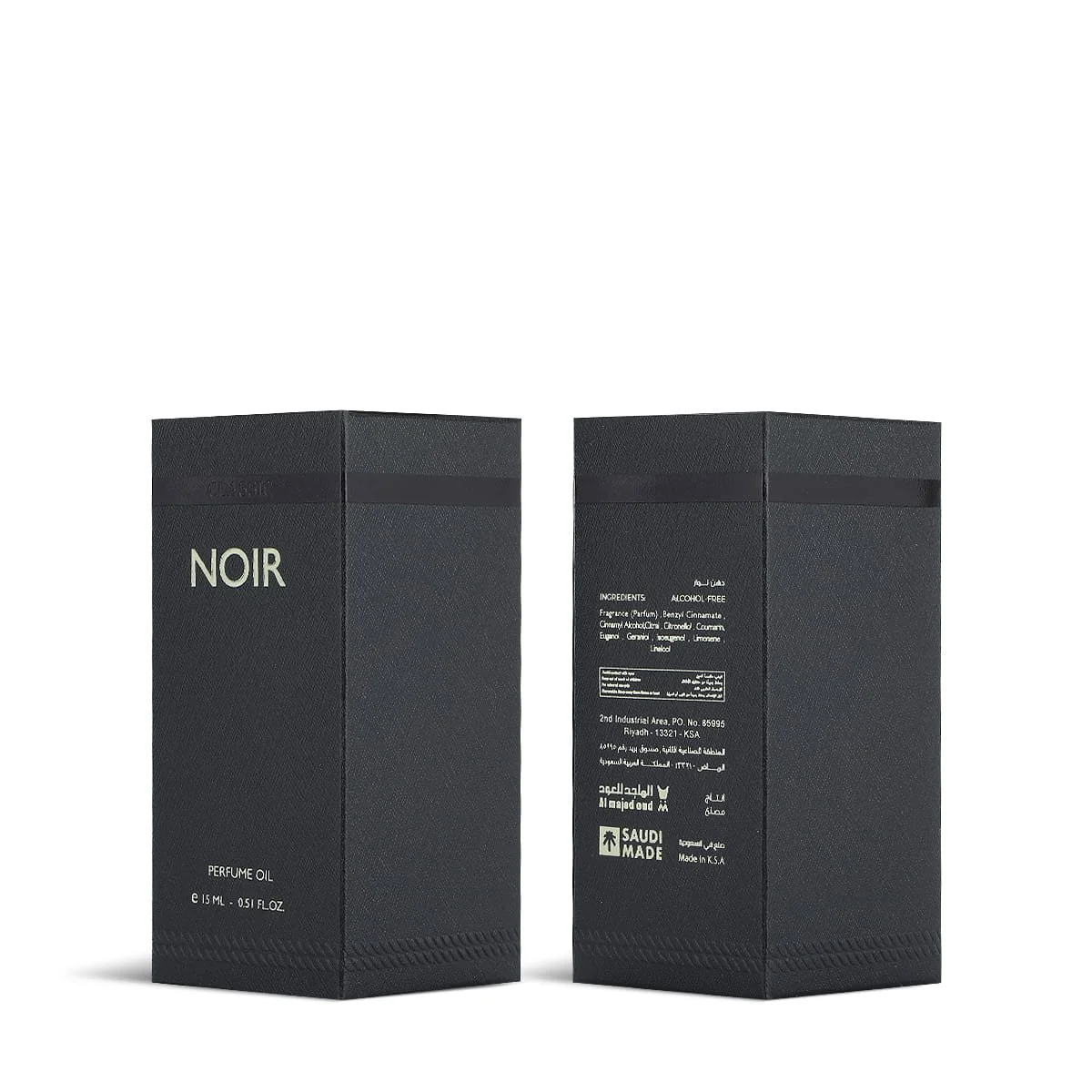 Front and back of Al Majed Oud Noir parfum oil box on white background, luxury packaging UK