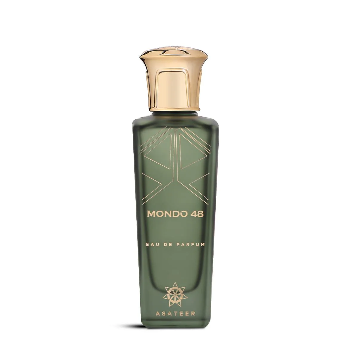 Asateer Mondo 48 Eau De Parfum 80ml on white background, luxury green woody fragrance UK