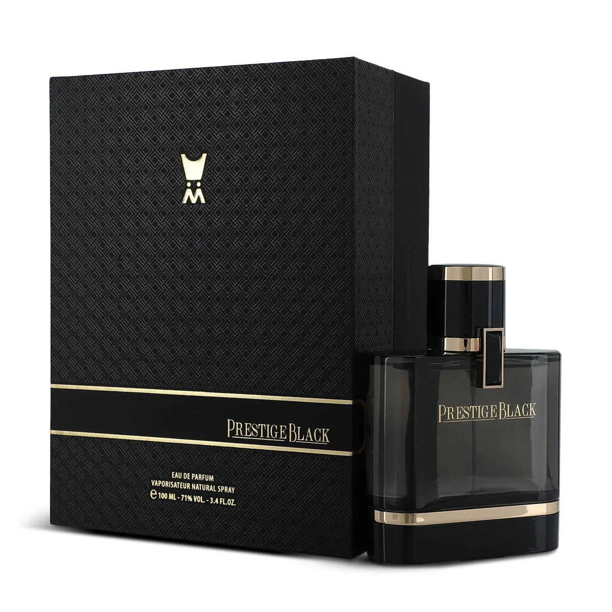 Al Majed Oud Prestige Black perfume 100ml next to box, premium fragrance UK