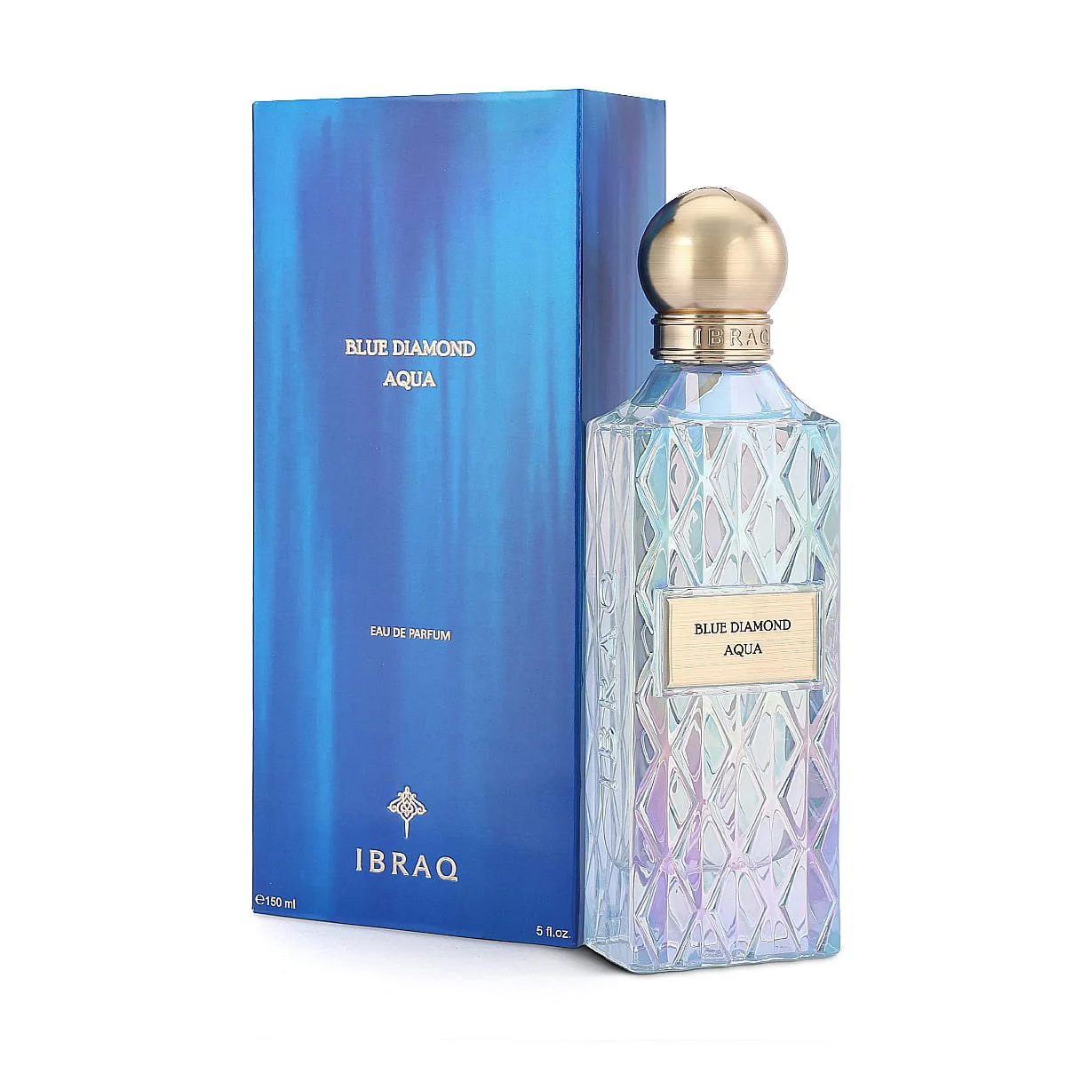 IBRAQ Blue Diamond Aqua perfume 150ml next to box, premium fragrance UK
