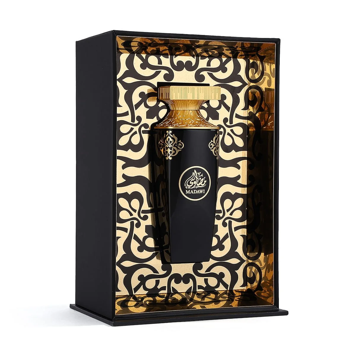 Arabian Oud Madawi perfume inside open luxury box, premium fragrance presentation UK