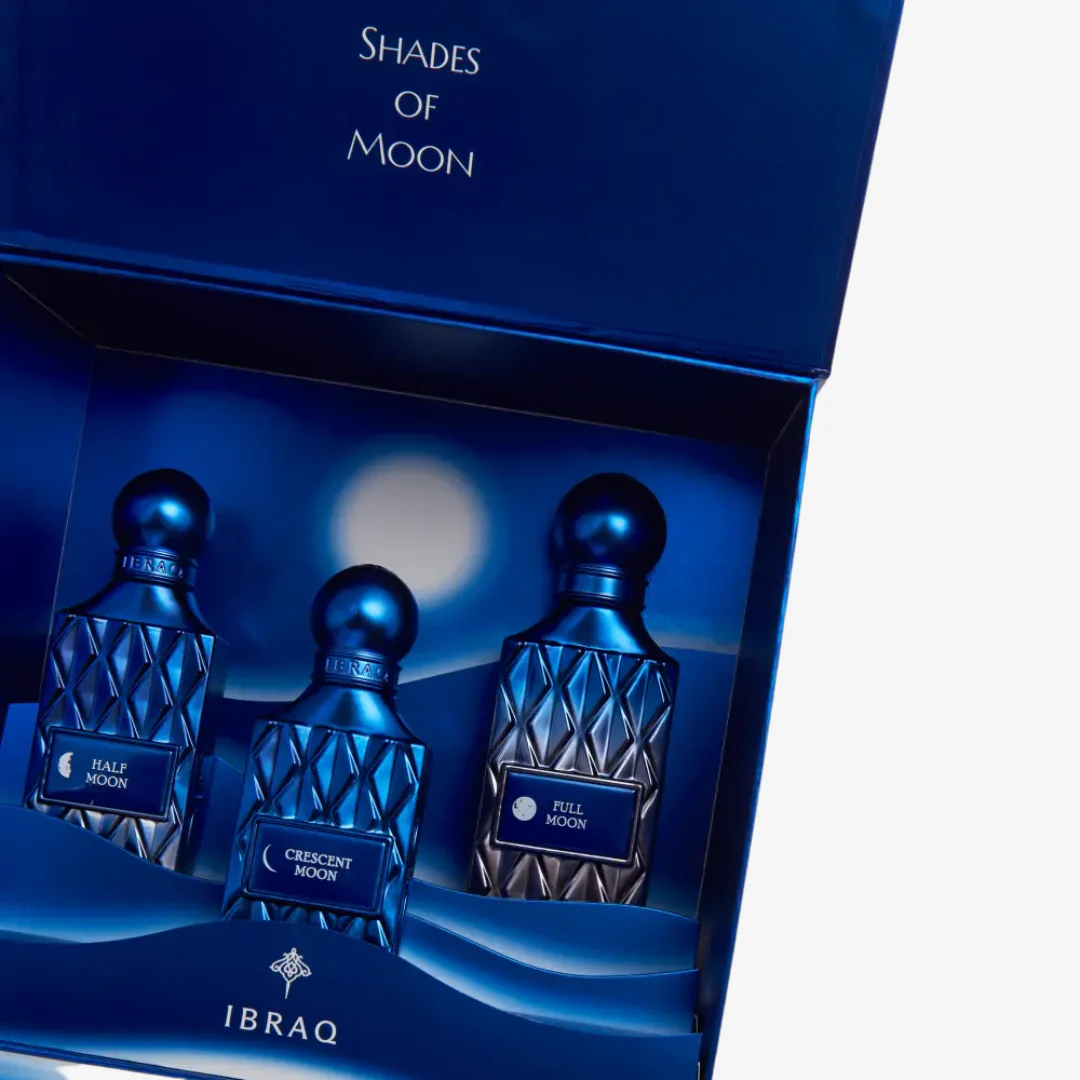 Close up of IBRAQ Moon Collection perfumes inside luxury box, high-end fragrance set UK
