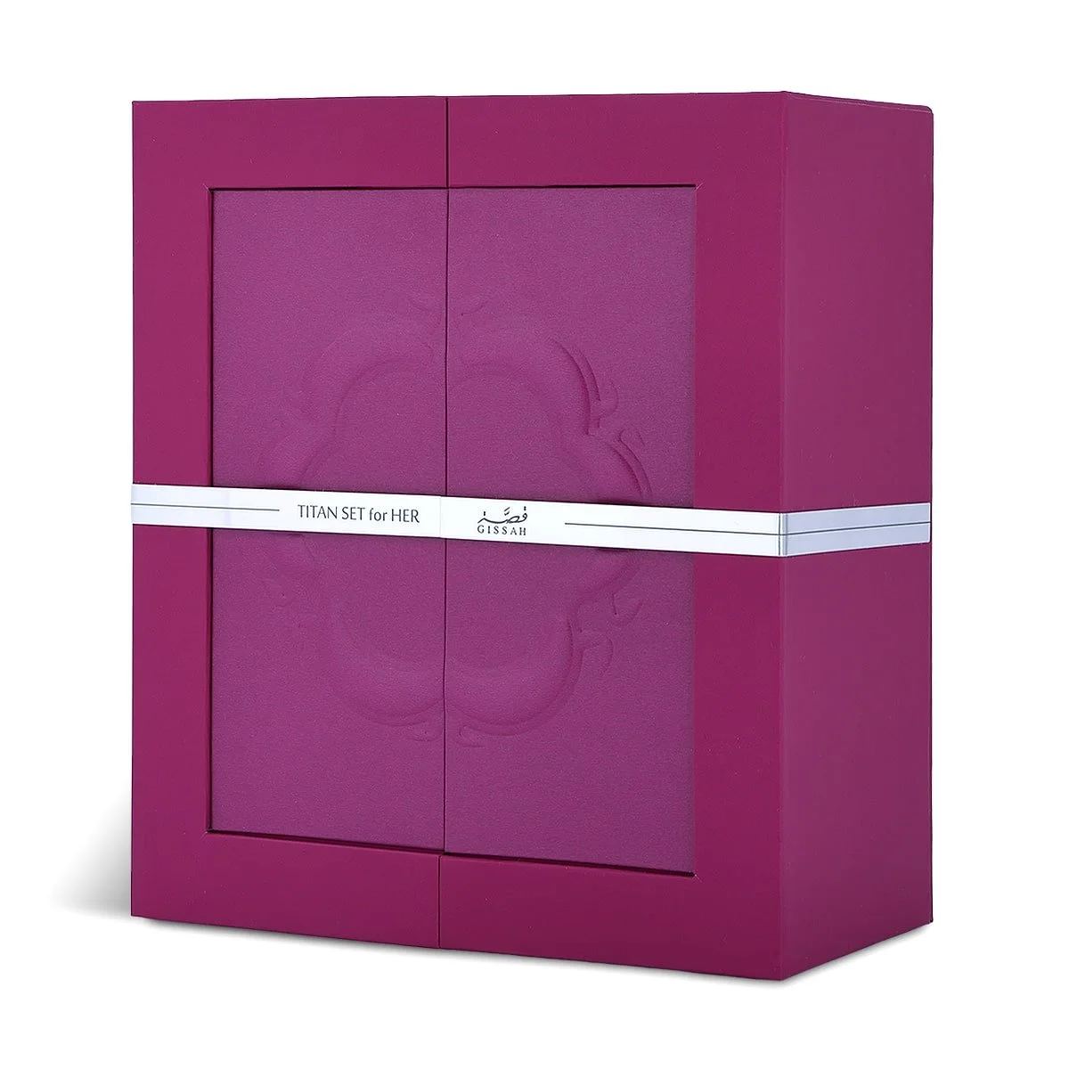 Front view of Titan Her by Gissah black perfume box featuring gold luxury detailing and logo.