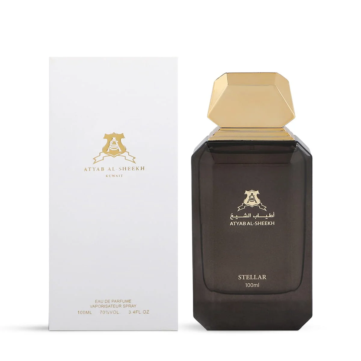Atyab Al Sheekh Stellar perfume next to luxury box, premium floral woody fragrance UK