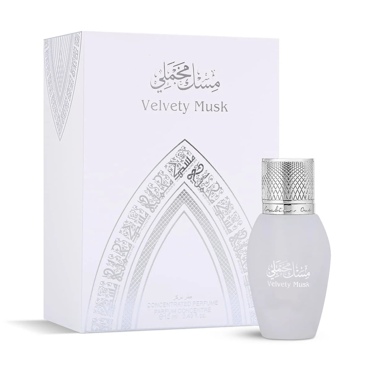 Arabian Oud Velvety Musk 12ml concentrated perfume oil beside luxury branded box UK