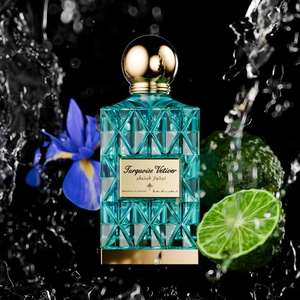 Turquoise Vetiver perfume bottle on a black background – unisex woody and fresh fragrance with vetiver, iris, and patchouli, available at Al Rashid Galleria UK.