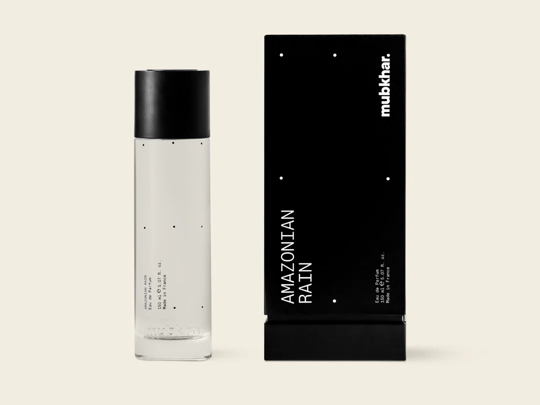 Mubkhar Amazonian Rain Eau De Parfum 150ml next to its box, luxury woody aromatic fragrance UK