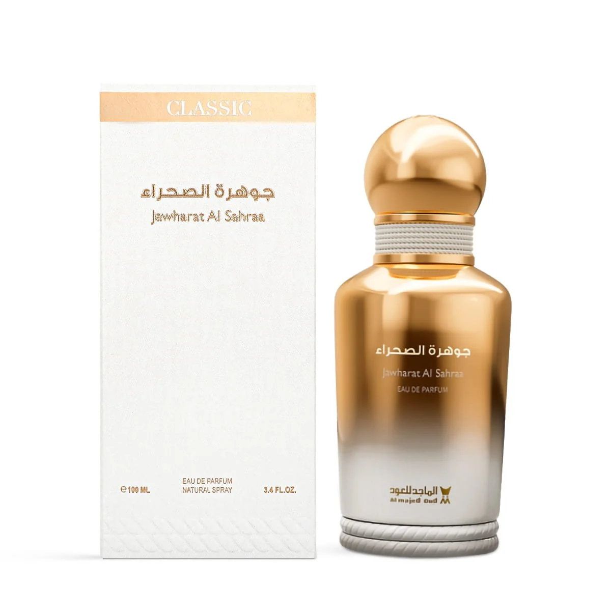 Al Majed Oud Jawharat Al Sahraa perfume 100ml next to luxury case, premium fragrance UK