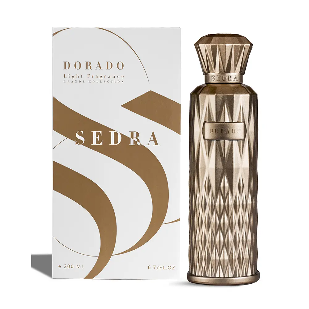 Sedra Dorado perfume 200ml next to luxury box, premium oriental fragrance UK