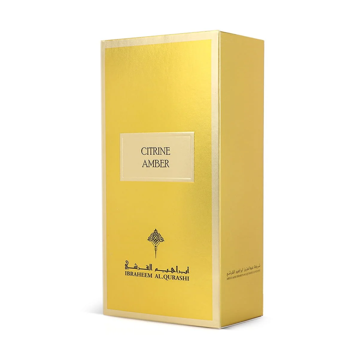 Front view of IBRAQ Citrine Amber perfume box 75ml, premium packaging UK