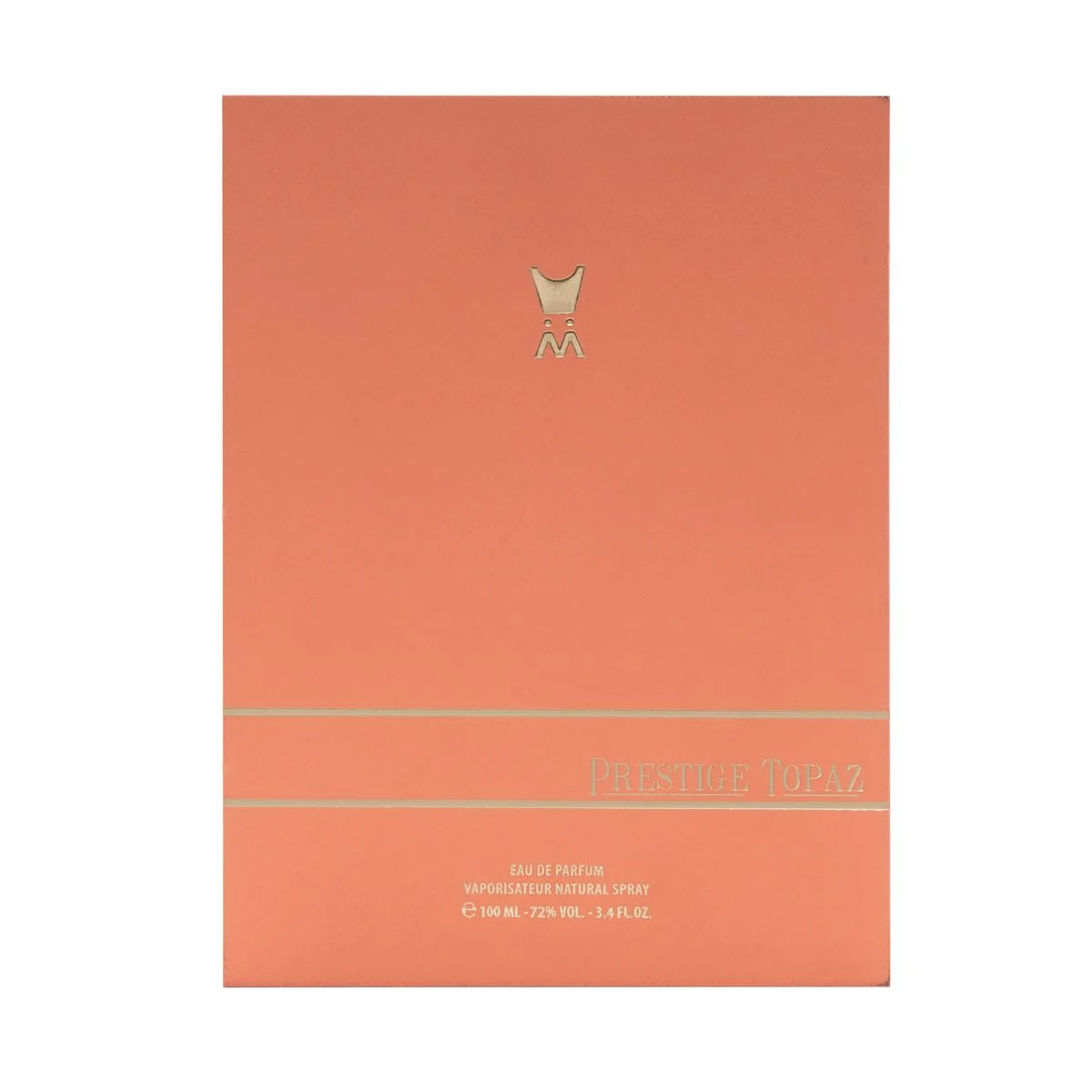 Front view of Al Majed Oud Prestige Topaz perfume box, luxury packaging UK