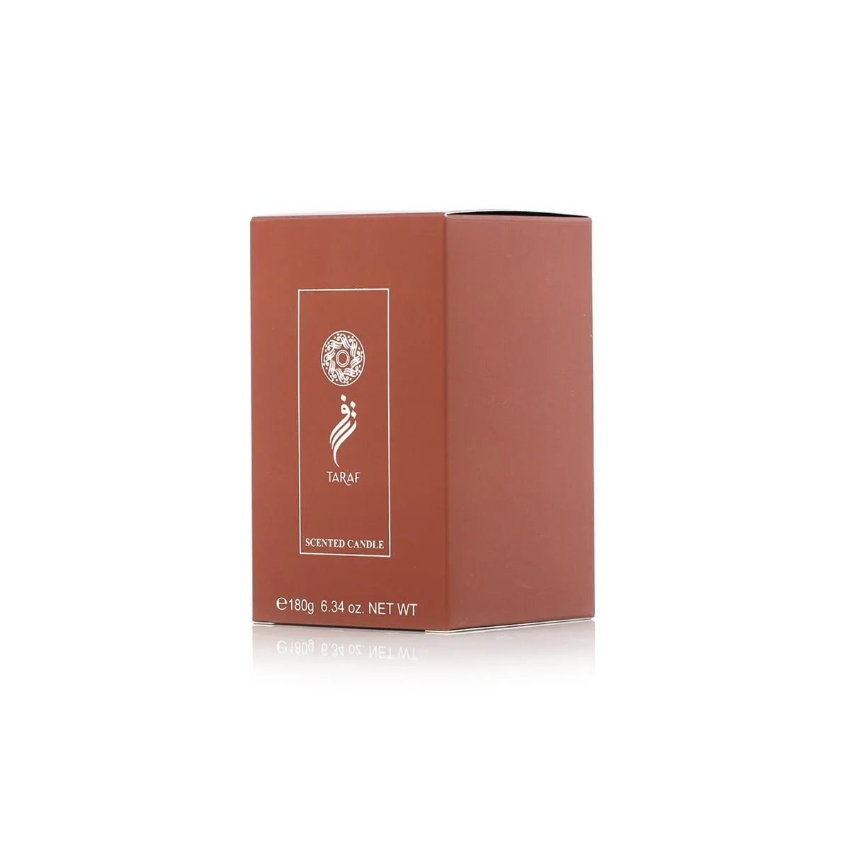 Angled view of Arabian Oud Taraf scented candle box, premium candle packaging UK
