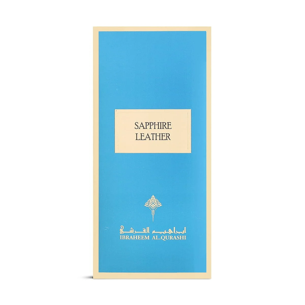 Front view of IBRAQ Sapphire Leather perfume box 75ml, premium packaging UK