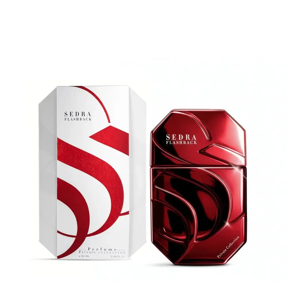 SEDRA Flashback perfume 90ml next to luxury box, premium vanilla woody fragrance UK