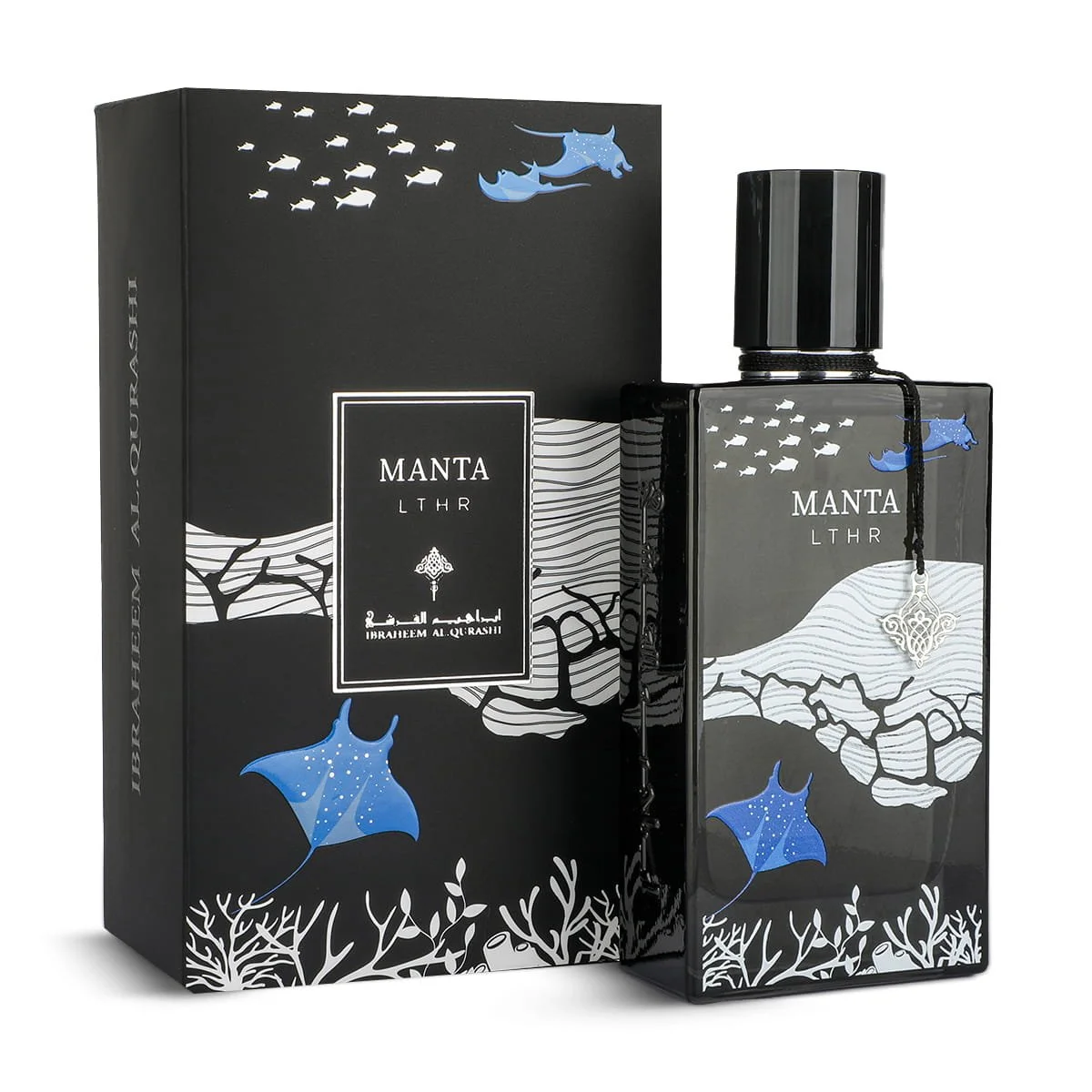 IBRAQ Manta Leather perfume 75ml next to box, luxury leather fragrance UK