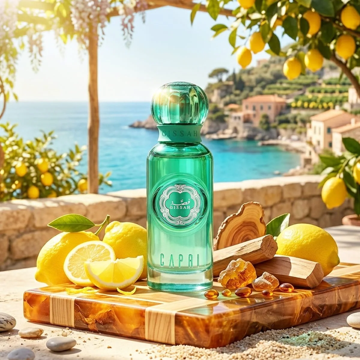 Gissah Capri 15ml Eau De Parfum with Sorrento lemons, marine notes and Mediterranean summer luxury fragrance poster UK