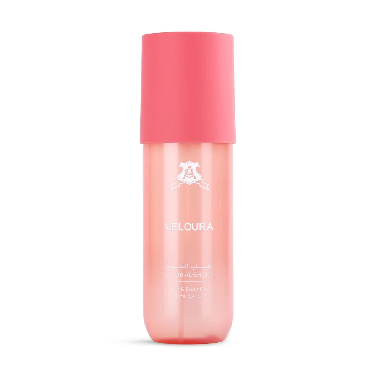 Atyab Al Sheekh Veloura Hair & Body Perfume 250ml on white background, luxury fruity gourmand body mist UK