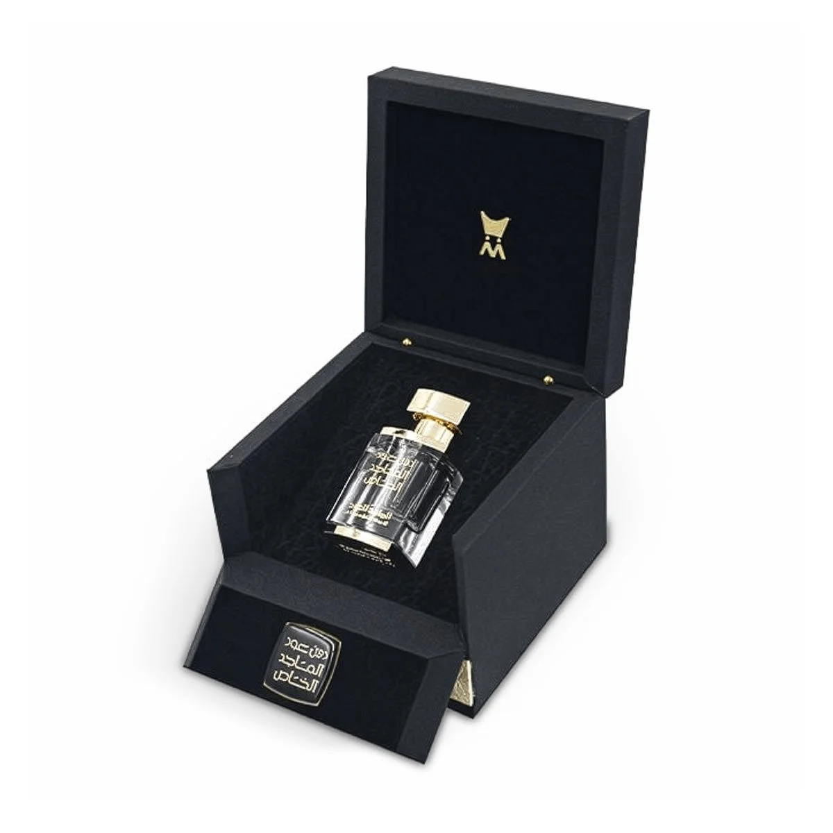 Al Majed Oud Dehn Oud Al Khas 3ml angled view inside open box, luxury oud oil UK