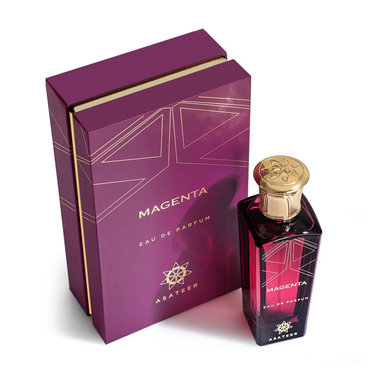 Top view of Asateer Magenta Eau De Parfum 80ml with luxury presentation box UK
