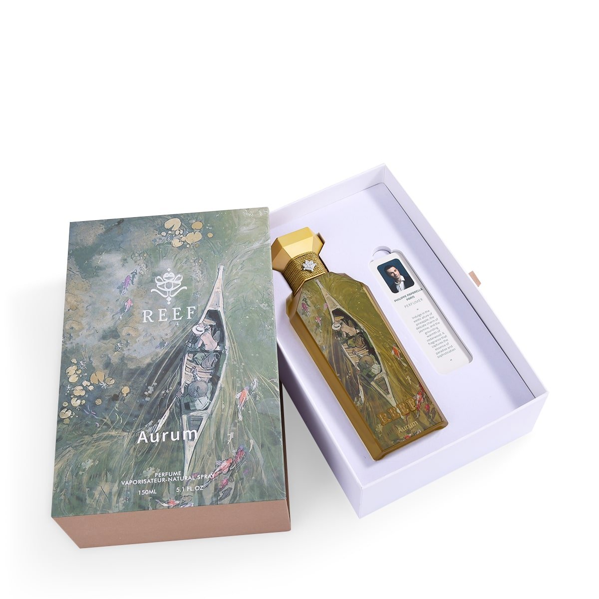 Aurum by Reef Perfumes shown inside its box with front packaging visible, unisex luxury fragrance from Al Rashid Galleria UK