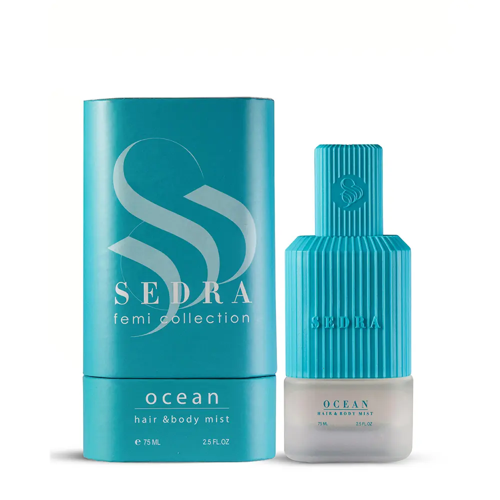 Sedra Ocean hair and body mist next to luxury box, premium vanilla coconut fragrance UK