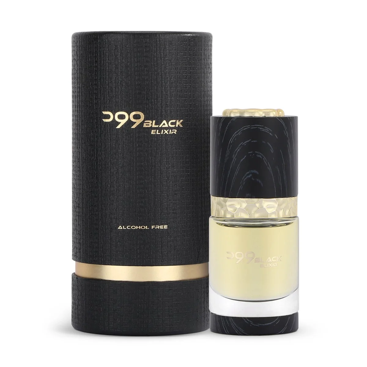 Al Majed Oud Dehn Wood Black Elixir 15ml next to box, luxury perfume oil UK