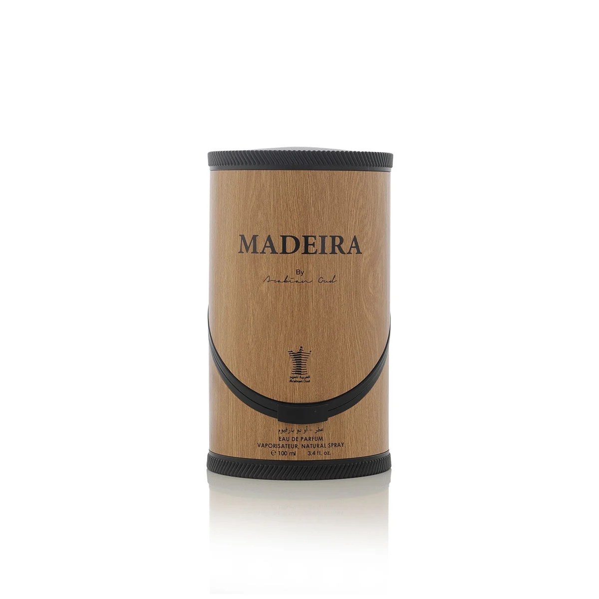 Front view of Arabian Oud MADEIRA case with branding, premium fragrance packaging UK