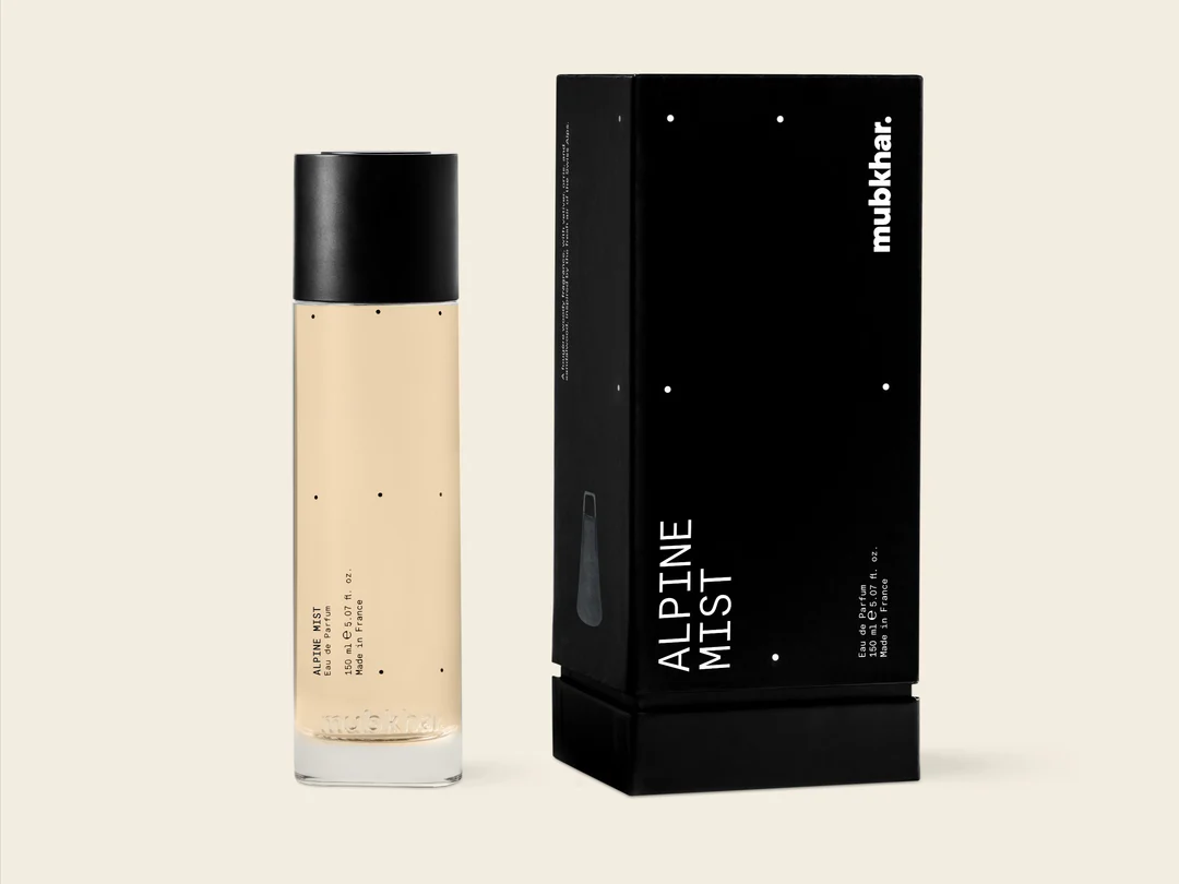 Mubkhar Alpine Mist Eau De Parfum 150ml beside its box, elegant fresh woody perfume UK