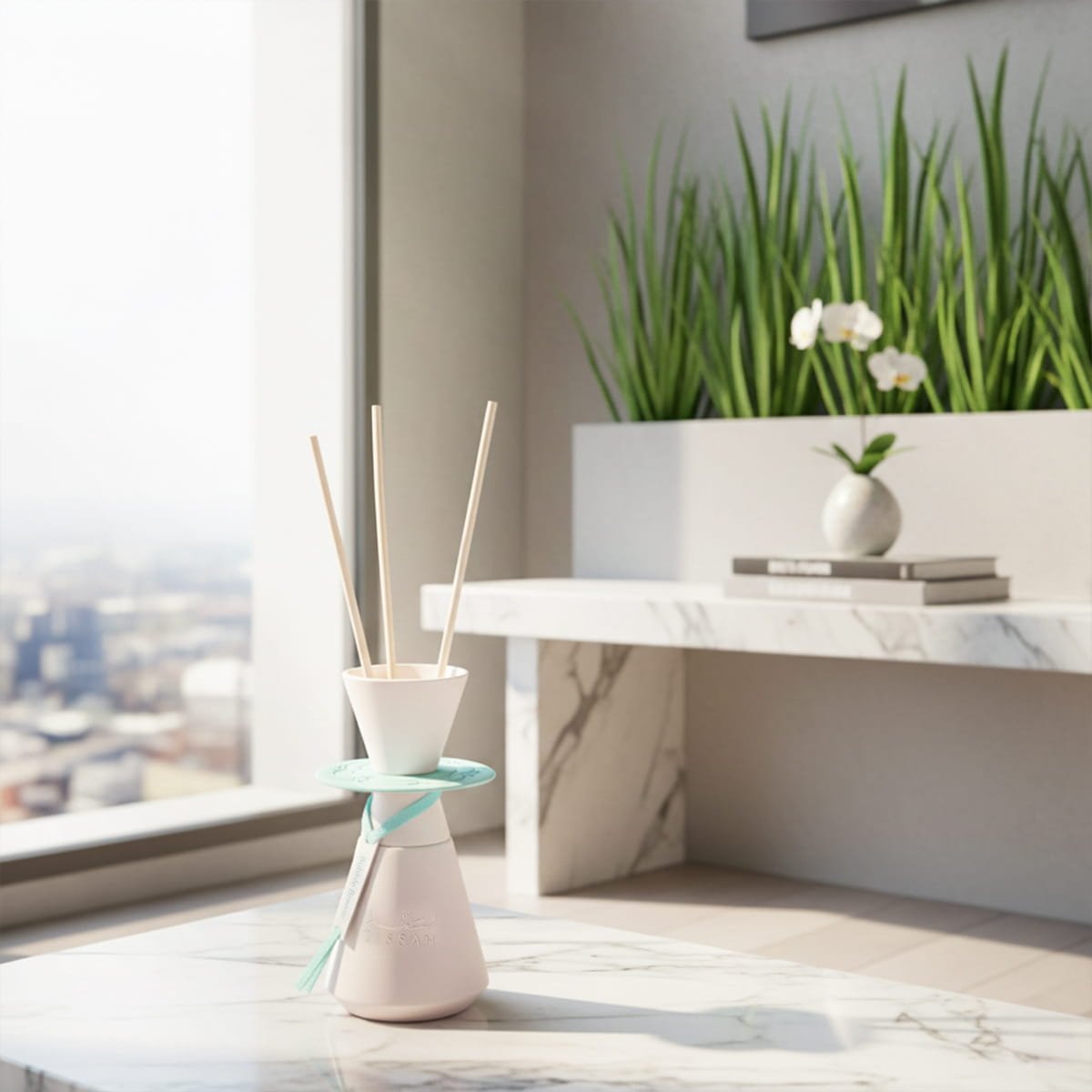 Gissah Bubble Breeze diffuser on coffee table in elegant living room, premium UK home fragrance