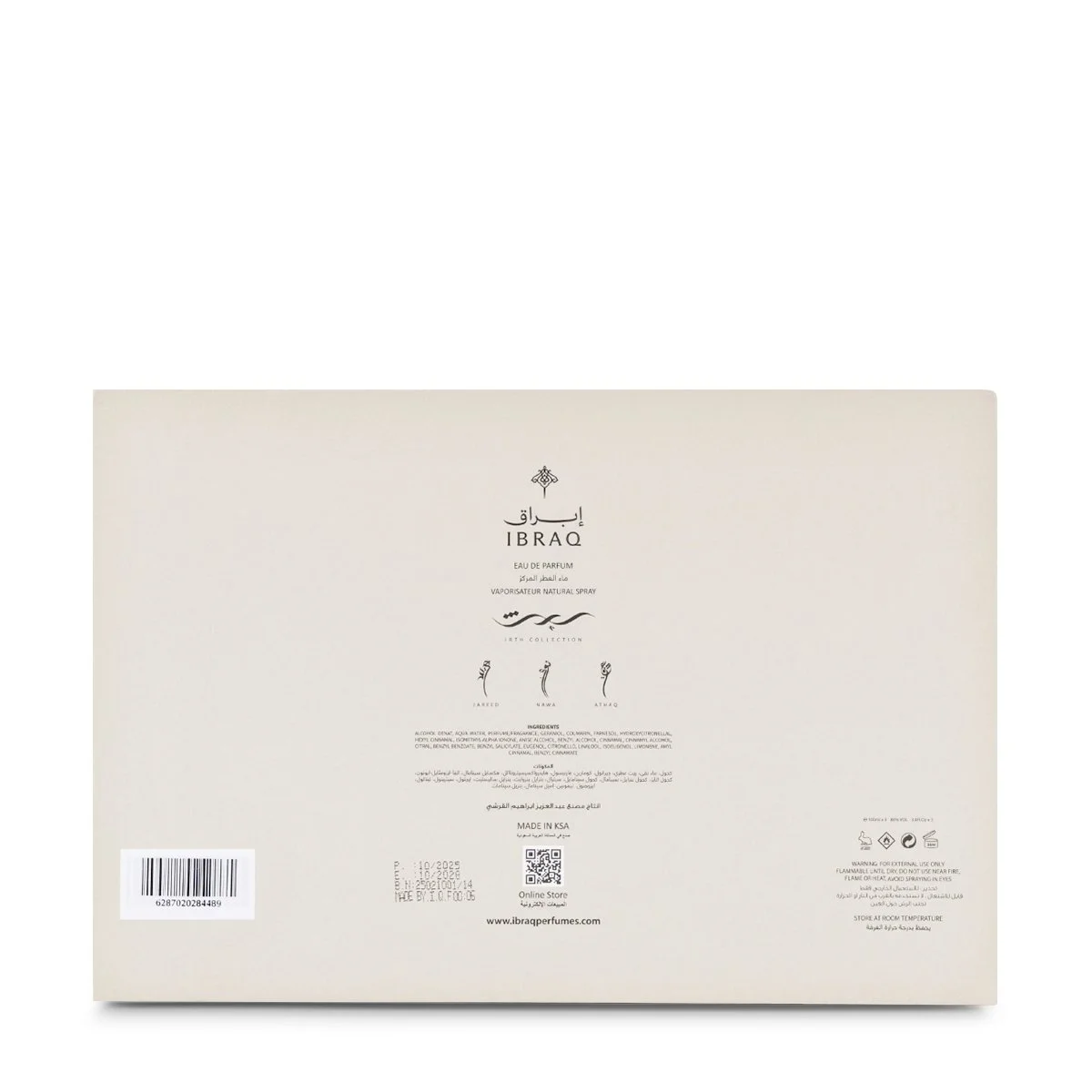 Back view of the Irth Collection perfume box featuring detailed information and refined design.