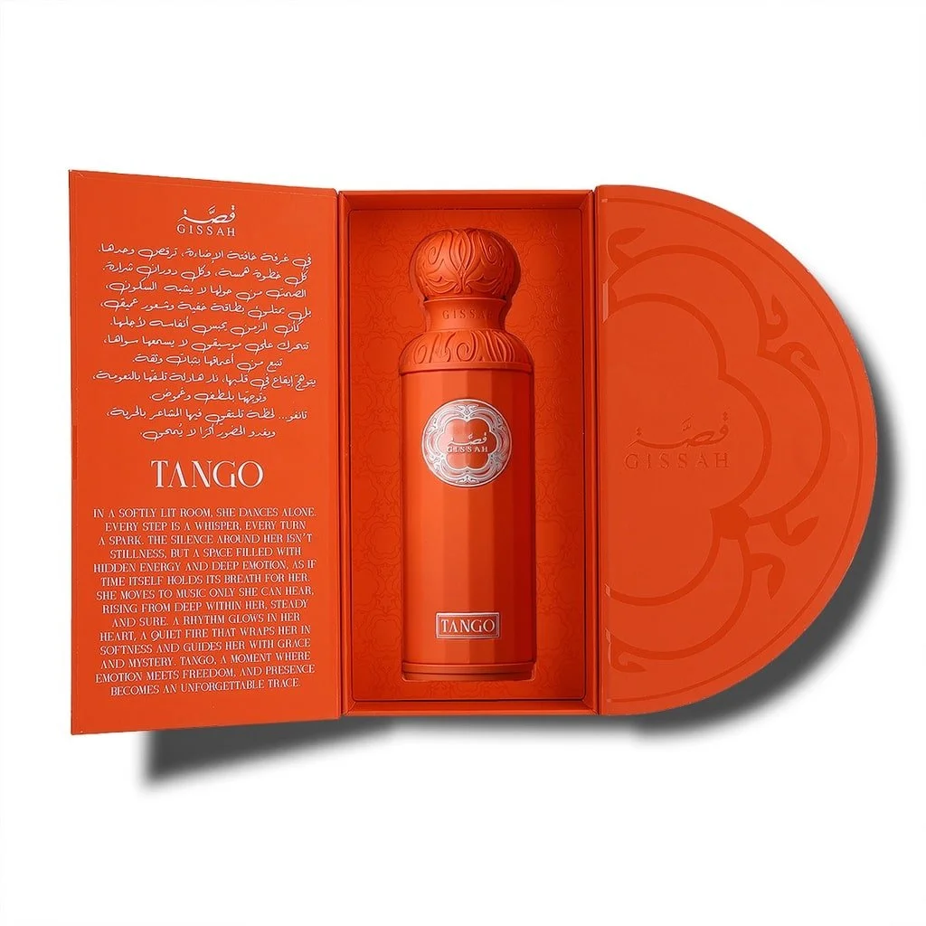 Gissah TANGO perfume in open orange box with elegant inside designs – luxury fruity gourmand fragrance – only at Al Rashid Galleria UK
