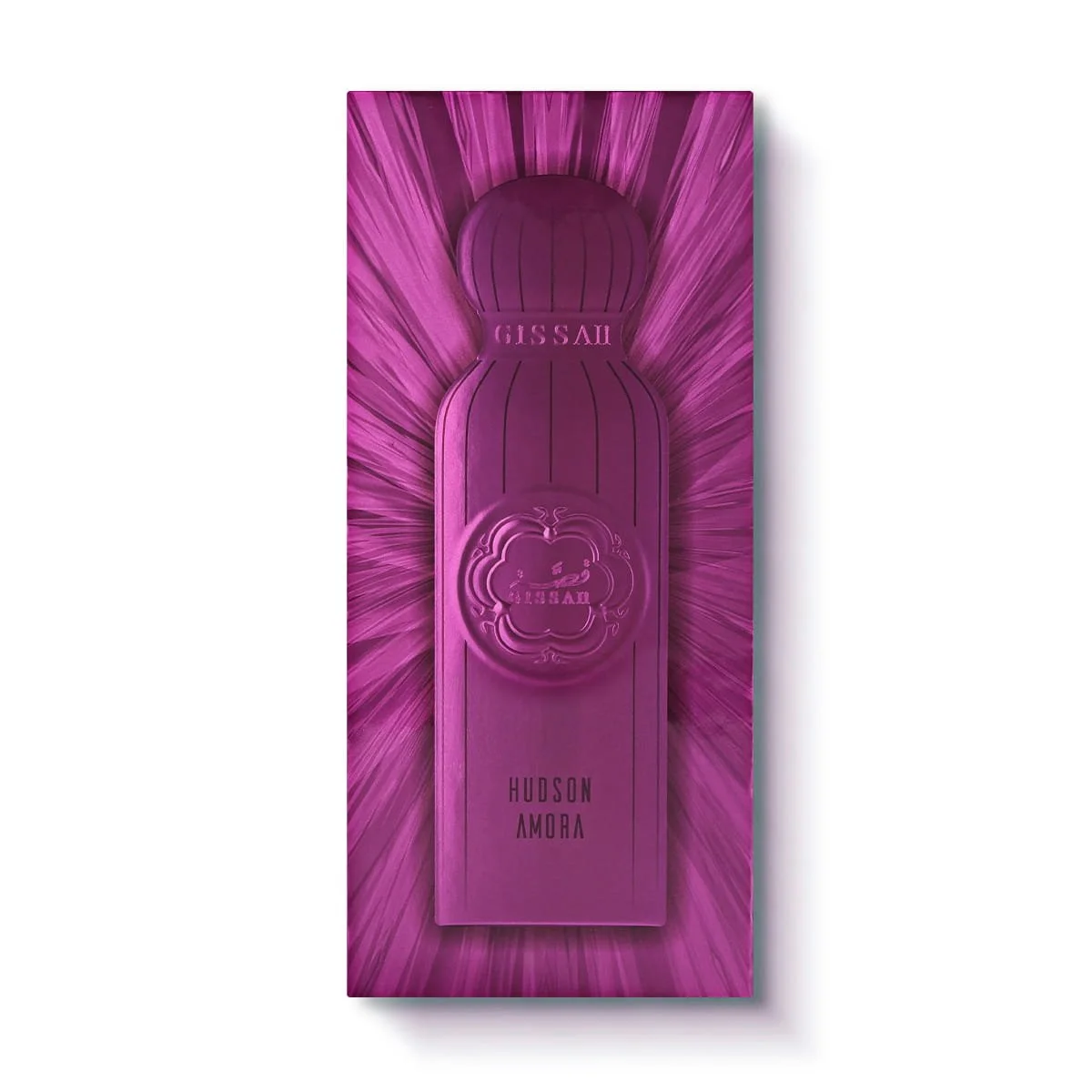 Front of the Hudson Amora EDP box, elegant floral-woody fragrance packaging by Gissah