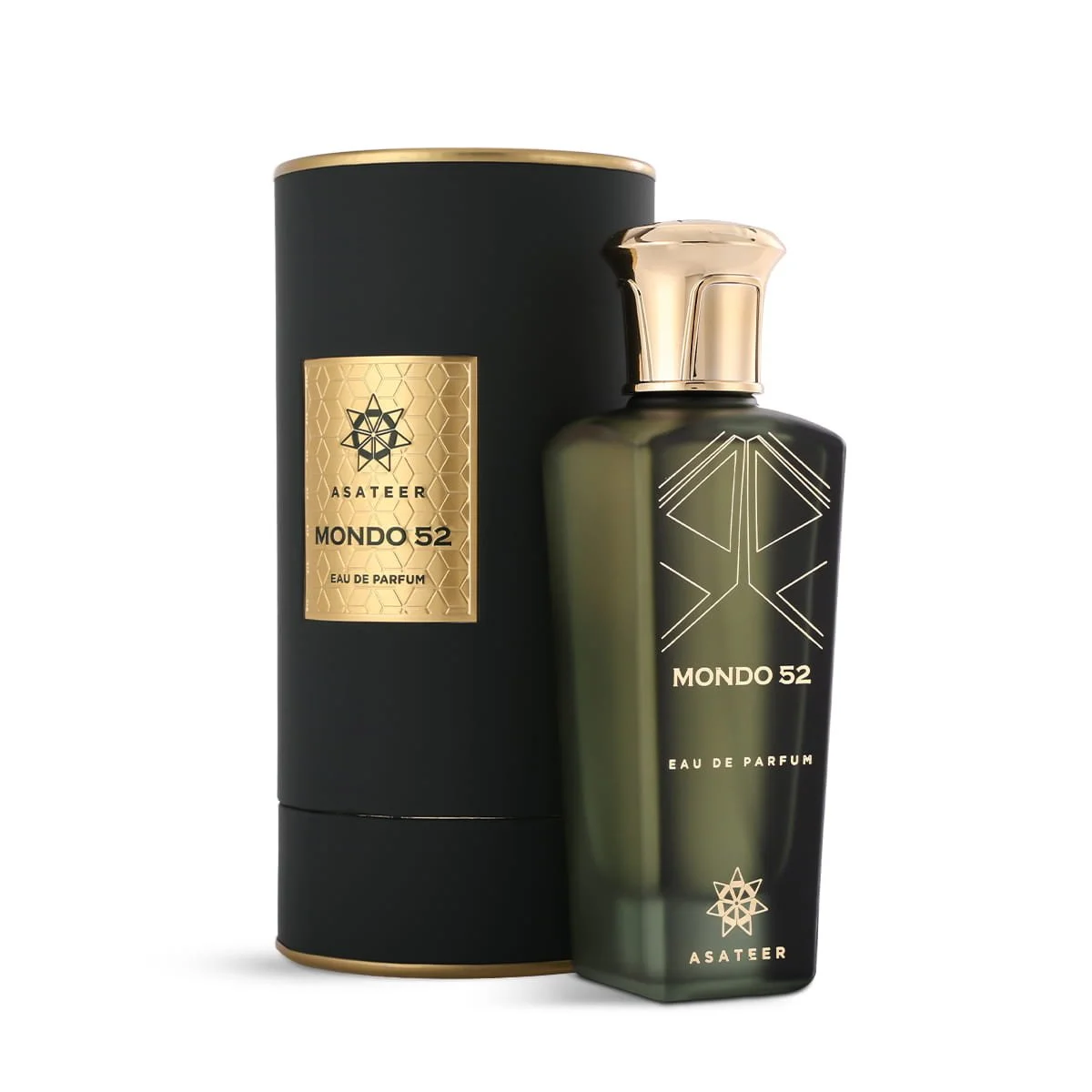 Asateer Mondo 52 Eau De Parfum 80ml next to luxury branded box UK