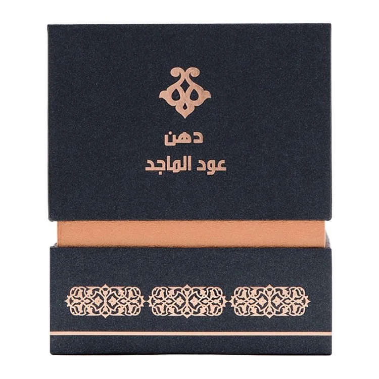 Front view of Al Majed Oud Dehn Oud Al Majed 6ml box, premium oud oil packaging UK