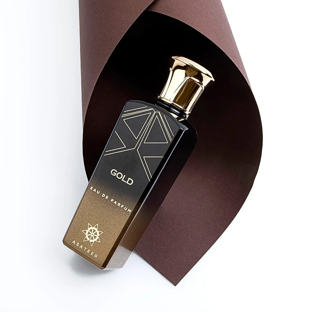 Angled view of Asateer Gold Eau De Parfum 80ml luxury perfume bottle UK