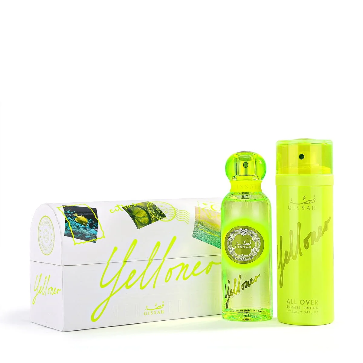 Gissah Yelloneo Summer Edition Eau De Parfum and All Over Spray beside luxury presentation case UK