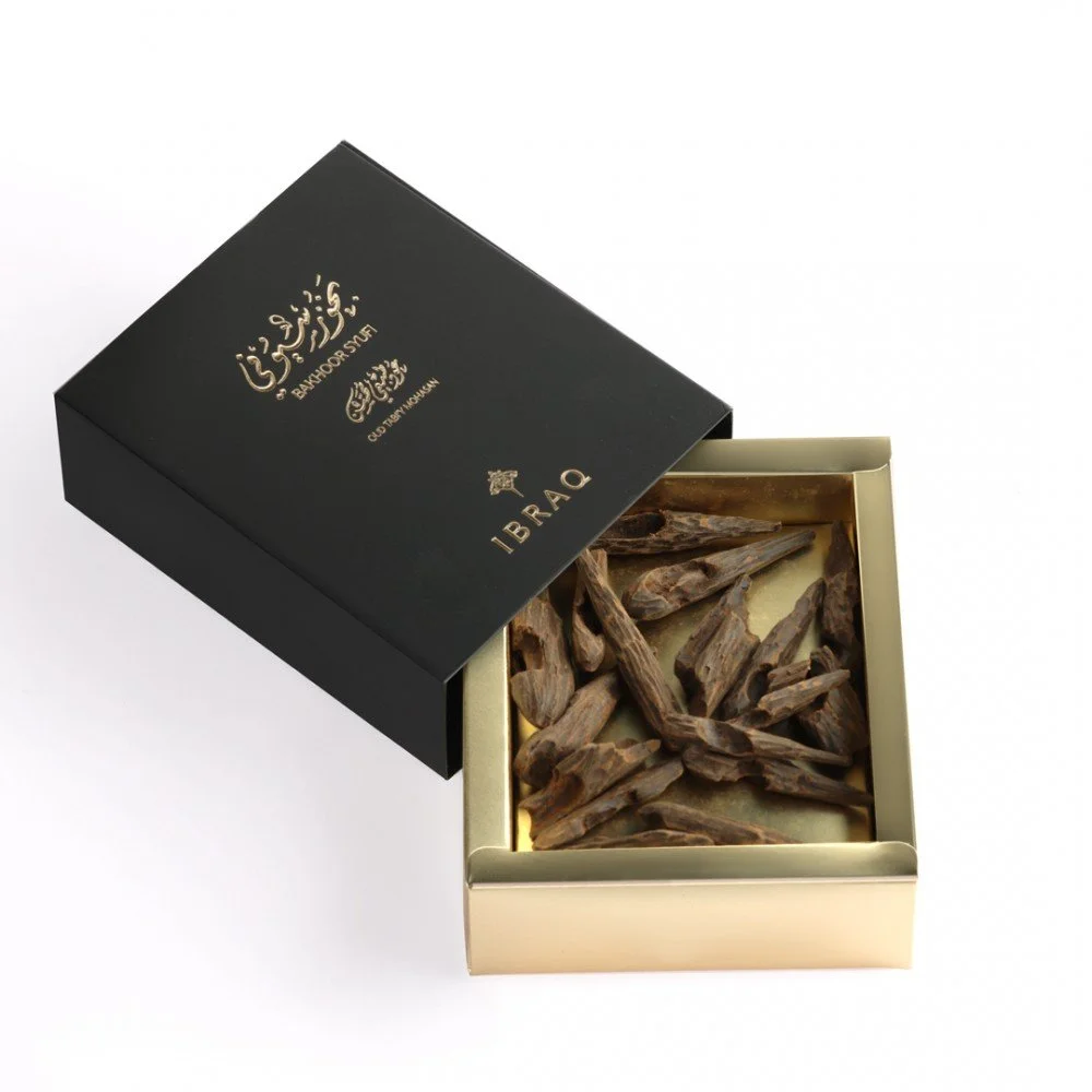 IBRAQ Bakhoor Syufi Oud Tabi’y Mohasan 30gm inside luxury box, premium bakhoor UK