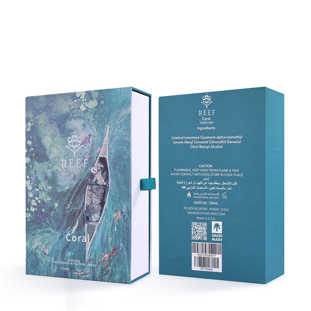 Front and back view of Coral by Reef Perfumes luxury packaging available at Al Rashid Galleria UK