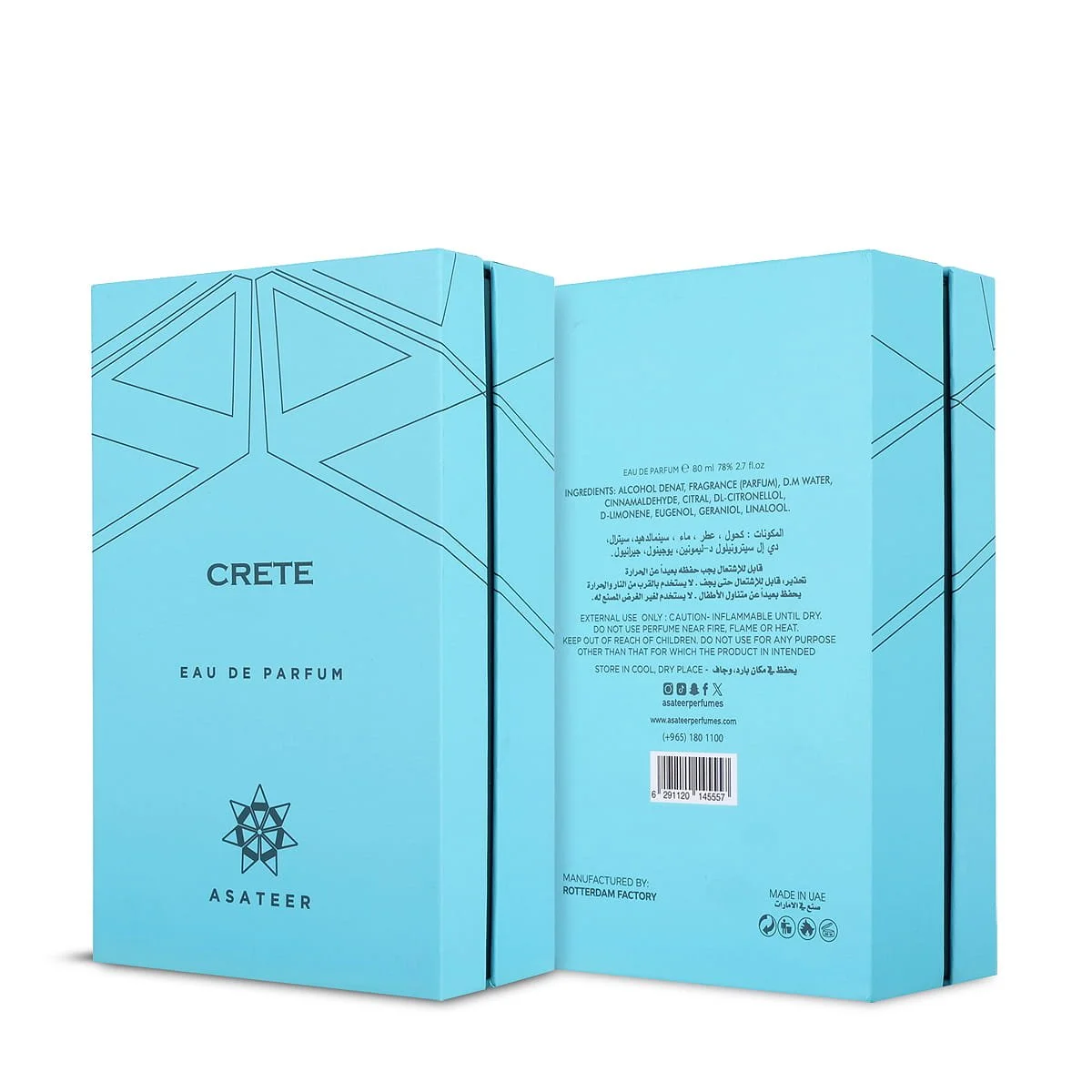 Front and back view of Asateer Crete Eau De Parfum box UK